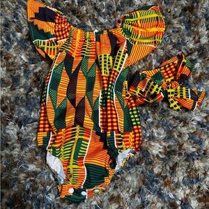African Print Ruffle Baby Romper Set 0–3M Ankara Outfit + Headband